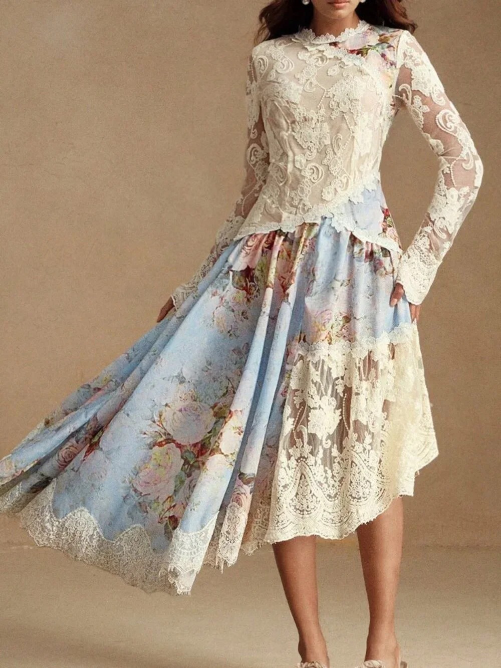 Blue Elegant Women's Romantic Lace Patchwork Woven Dress - Picture 5 of 7